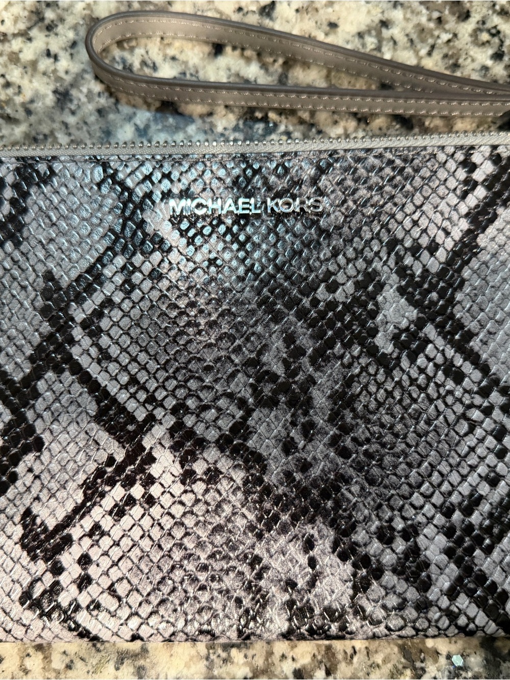 Michael Kors Black Snake-Embossed Wristlet with Silver Logo